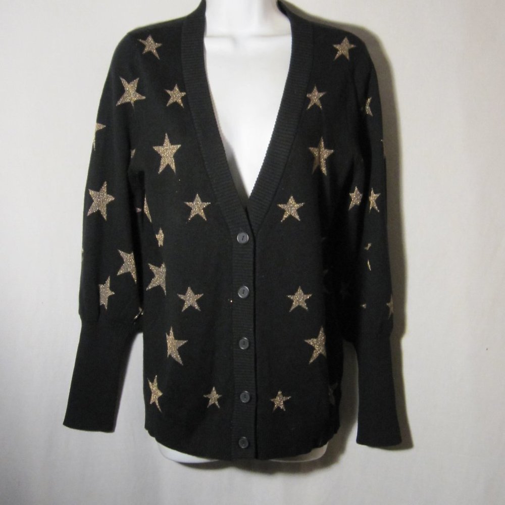 Chaser Gold Star Black Button Up Cardigan Sweater M